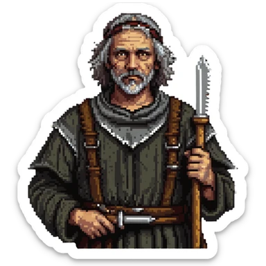middle-aged peasant man in ragged medieval clothes with dirty face and simple tools sticker