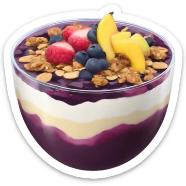 Açaí in a clear cup with layers of fruits and granola and condensed milk sticker