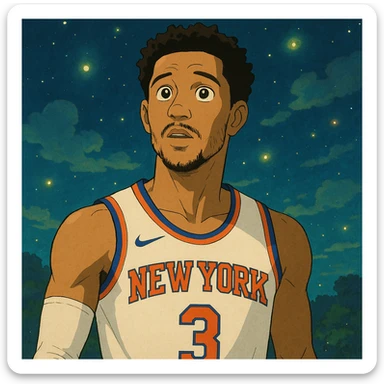 Portrait of Josh Hart in Knicks uniform, expressive eyes, magical setting, Ghibli style sticker