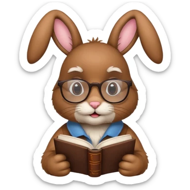 Brown bunny with reading glasses and book. sticker
