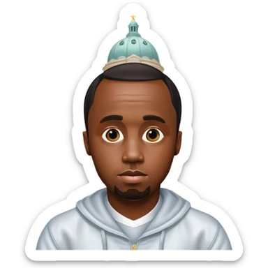 P Diddy with shiny skin from baby oil, in front of an Ohio landmark sticker