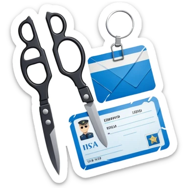 Floating black Scissors cutting an idf soldier ID card in 2 parts .hyper realistic sticker