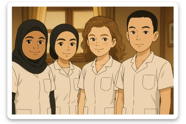 Four nursing students standing side by side indoors, each wearing a white short-sleeved uniform with a V-neck medical tunic, left chest pocket, no collar stand, no stethoscope, nothing protruding from the short sleeves, friendly ambiance, no feet visible, in Ghibli style. sticker