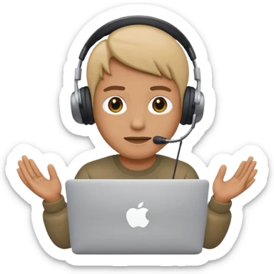 person sitting behind a MacBook, recording himself with an iPhone, apple style emoji sticker