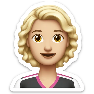 Mujer joven de cabello rubio claro con ondas, con el uniforme clinico rosado y delantal blanco sticker