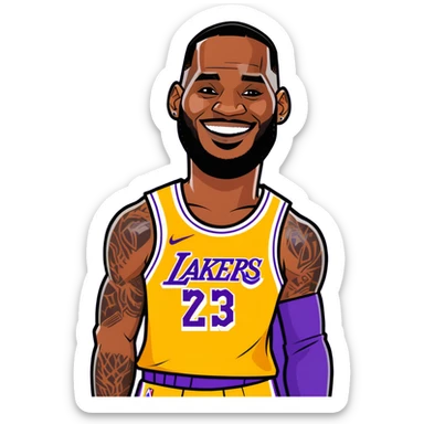 LeBron James in a cartoon sticker style, wearing a Lakers jersey, smiling sticker