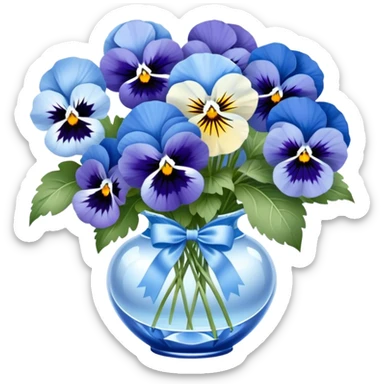 A charming bouquet of deep blue and pastel blue pansies, delicately arranged with hints of periwinkle and sky-blue blooms, wrapped in a pearl satin ribbon and placed in a crystal vase, reflecting soft light. sticker