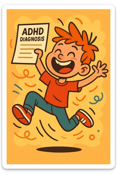 A hyperactive child with a big smile, bouncing with energy, holding a paper labeled 'ADHD Diagnosis', in a playful, colorful cartoon style sticker