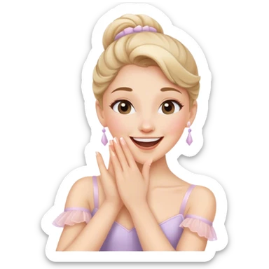 The ballerina laughs sweetly, covering her mouth with her hand sticker
