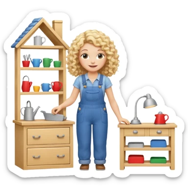smiling blonde curly woman arranging furniture in doll house with overalls sticker