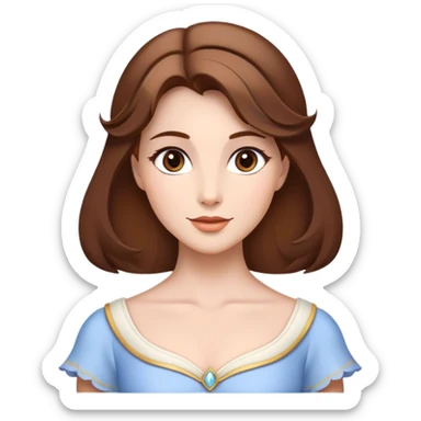Cinematic Timeless Belle Portrait Emoji, rendered in a clean, vector style. Depict Belle with fair, luminous skin, beautifully arranged brown hair, and a serene, graceful expression, dressed in her classic attire. The design features bold, simplified shapes, a soft, enchanting glow, and a subtle glowing outline, capturing the essence of pure, timeless beauty. sticker