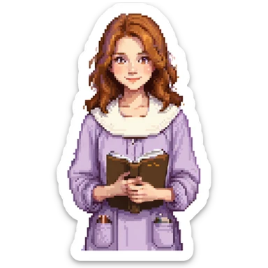 Calm female artist, Caucasian features, shoulder-length auburn hair, soft brown eyes, gentle smile, wearing a violet smock over a light beige top, holding a sketchbook close to chest, waist-up, front-facing sticker