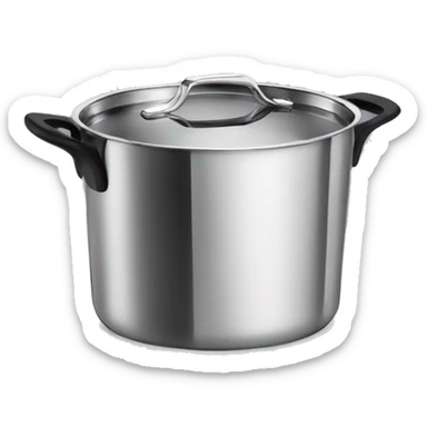 “Royal Prestige” Stainless steel pot with black handlers, food inside. sticker