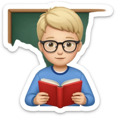 Boy with glasses sitting at school reading with his back to the camera sticker