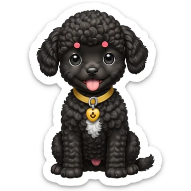 A high-resolution square-format digital illustration of a black toy poodle puppy in a clean, emoji-inspired semi-realistic style. The poodle is shown from the chest up, facing forward with a slight tilt of the head to the left, tongue out playfully. sticker