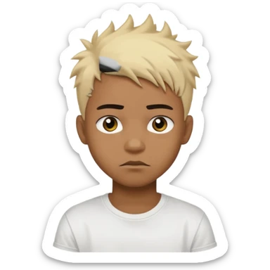Black Male Teenager with Short punk messy blonde hair, Dark brown bushy eyebrows large expressive golden-brown eyes, wearing a plain white t-shirt, Dark Brown skin color. sticker