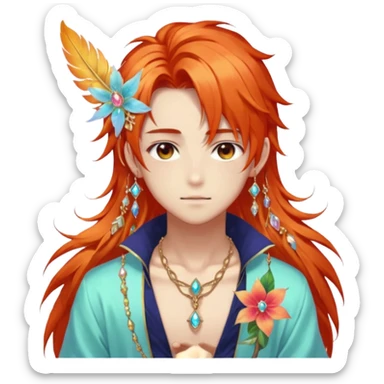 Beautiful gorgeous anime boy with beautiful fiery-special-medium-long-hair, fashion aesthetic, ethereal, fairycore, pastelcore, feather, flower, gems, accessories, jewelries, gold, colorful sticker
