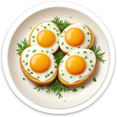 Cinematic sunny-side-up eggs, perfectly cooked with glossy yolks, crispy golden edges, sprinkled with fresh herbs, served on a rustic plate, bright and inviting, highly detailed and appetizing. sticker