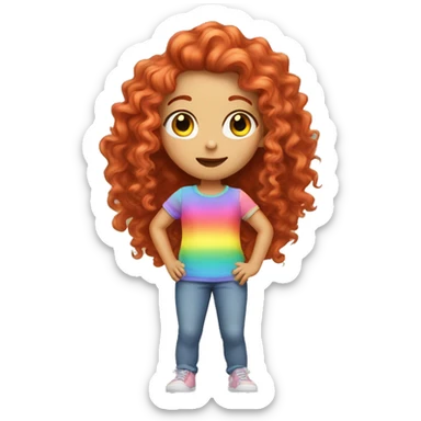 white girl with long red curly hair, wearing a pastel rainbow shirt doing a pose sticker