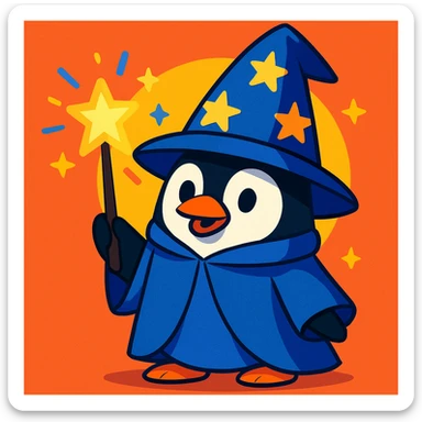 a penguin wizard with a starry hat and magic wand, fun colorful style sticker