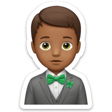 baby boy brown hair in suit, with green bow sticker