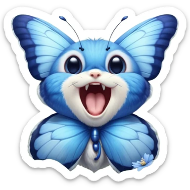 Cinematic Realistic Cute Yawning Blue Butterfly Portrait Emoji, Head tilted slightly with a dramatic, wide-open yawn, showcasing soft, downy sapphire wings with delicate, natural droop and half-closed, drowsy eyes rendered in exquisite detail, high shine, relaxed yet expressive, styled with a dash of subtle garden charm, soft glowing outline, capturing the essence of a sleepy yet affectionate blue butterfly that appears ready to rest its wings in quiet, enchanted slumber! sticker