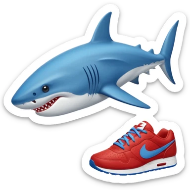 Un tiburón azul con zapatillas Nike rojas, mirando hacia la izquierda y un poco hacia abajo sticker