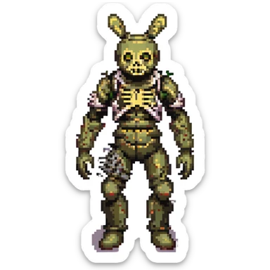 full body broken suit exposed metal parts eerie and menacing Springtrap, pixel art sticker