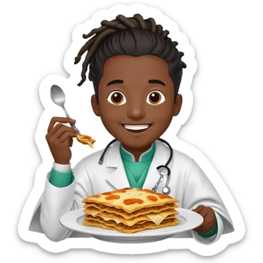  High fade ponytail dreadlock male black hair dark skin smiling doctor and nigerian cape eating lasagna  sticker