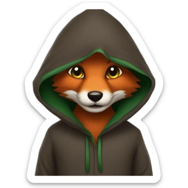 a small dark brown fox with orange eyes with a dark green hood that smile sticker