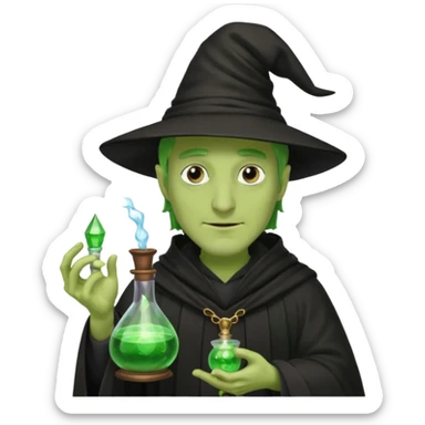 Green-skinned male wizard with a long nose, wearing a black hat and robe, holding a glowing potion bottle sticker