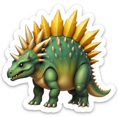 Cinematic Noble Stegosaurus Portrait Emoji, Poised and dignified, with a sturdy, low-slung body adorned by a distinctive row of bony plates along its back and a spiked tail, a small, determined head with observant eyes, Simplified yet sharply defined features, highly detailed, glowing with a soft, earthy radiance, high shine, intelligent and resolute, stylized with an air of ancient armored majesty, focused and alert, soft glowing outline, capturing the essence of a watchful and confident Stegosaurus that appears ready to lumber out of the screen with effortless authority! sticker
