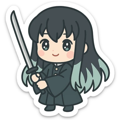 Muichiro Tokito from Demon Slayer, chibi style, holding a sword, cute expression sticker