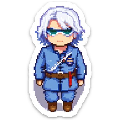 Satoru Gojo chibi white hair blindfold blue uniform pixel art style sticker