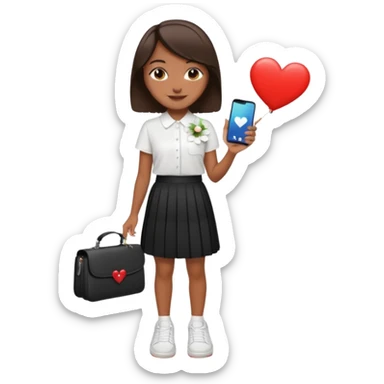 Menina pele parda, cabelo liso médio curto preso com presilhade flor branca, roupa modesta, blusa branca e saia preta plissada não curta,  tênis branco celular Samsung a06 capinha vermelha, sorridente com coração em volta sticker