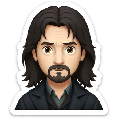 Sirius Black emoji, long dark hair, rugged features, mysterious expression, dark coat, inspired by Harry Potter films sticker