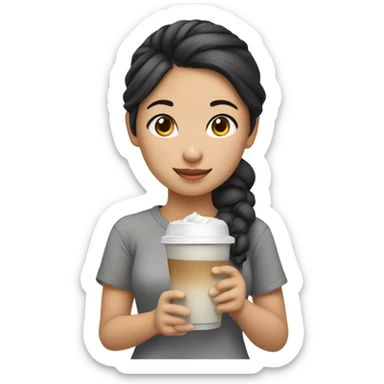 an asian girl with black hair tied in bun wearing a cute gray shirt holding a cup of iced coffee in her hand sticker