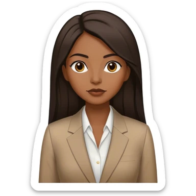 dark brown woman with dark brown long straight hair with middle part and an executive tan suit  sticker