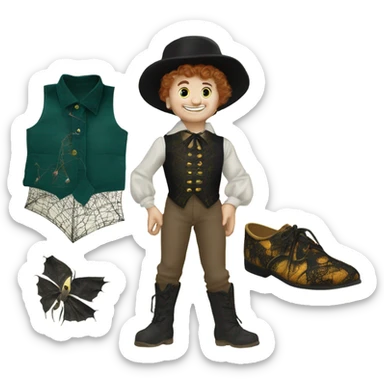 Tom Thumb whimsical fairytale boy shoes and thistledown doublet shirt made of spider web sticker