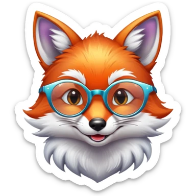 A sly fox with iridescent fur, a glowing tail, a silver star on its forehead, and round glasses, giving a mischievous smirk sticker