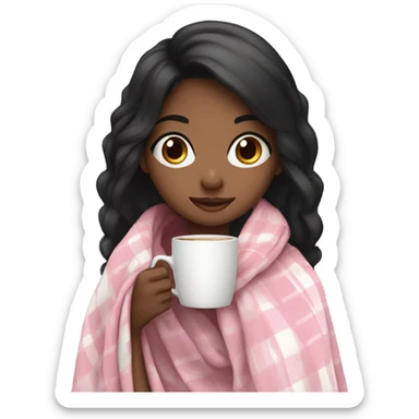 A cute black hair girl wrapped in pastel pink plaid blanket drinking coffee sticker