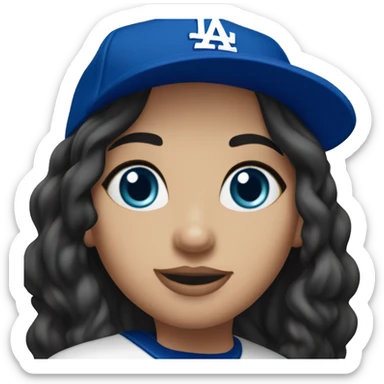 Woman, long black hair, fair skin, blue eyes LA Dodger hat birthday party sticker