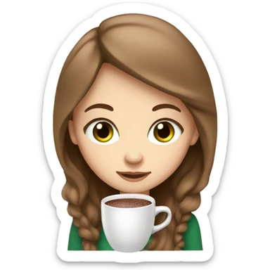white girl with brown long hair green eyes and a hot chocolate sticker