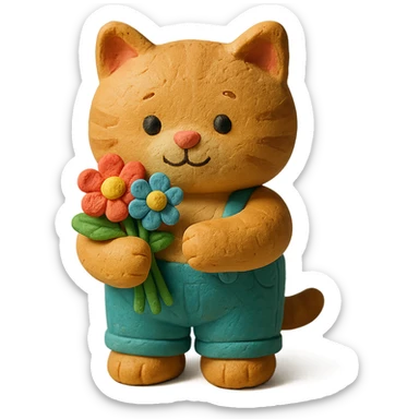 a chubby kitten dressed in pants and holding flowers sticker