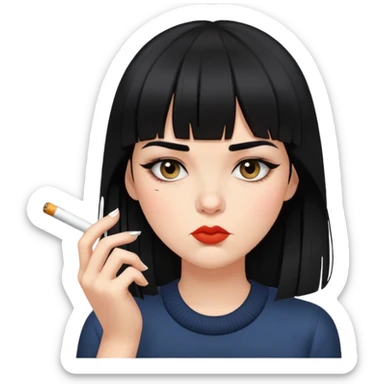 Gere uma imagem de uma menina que tem franja acima do sobrancelha, cabelos pretos longos fumando um cigarro sticker