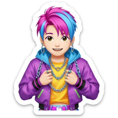  portrait-of-young-monster-idol-in-kpop-style,-wearing-flashy-streetwear-outfit,-colorful-dyed-hair,-confident-pose,-accessorized-with-chains- sticker