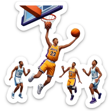 An icon showing a basketball court with players in action, inspired by NBA 2K25. A player jumps for a dunk, the ball mid-air, surrounded by a vibrant basketball arena with cheering fans and bright lights. Transparent background emphasizes the intense atmosphere sticker