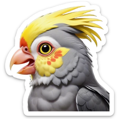 Cinematic Comical Cockatiel Portrait Emoji, Head tilted dramatically with an exaggeratedly amused expression, featuring a striking grey fur with bold yellow accents and a flamboyant crest, wide, expressive dark eyes filled with playful disbelief, Simplified yet hilariously expressive features, highly detailed, glowing with a slightly sassy glow, high shine, dramatic yet playful, stylized with an air of cheeky mischief, bright and endearing, soft glowing outline, capturing the essence of a spirited and over-the-top cockatiel, so meme-worthy it feels like it could side-eye its way into internet fame instantly! sticker