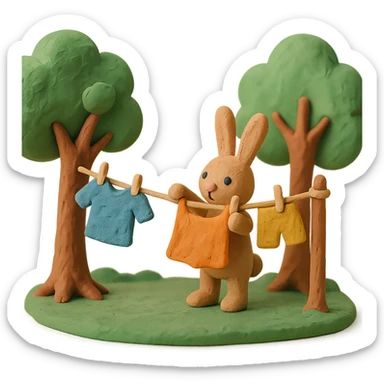 bunny hanging laundry between trees, calming domestic forest feel sticker