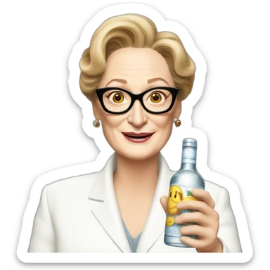 Meryl Streep holding a bottle of vodka sticker
